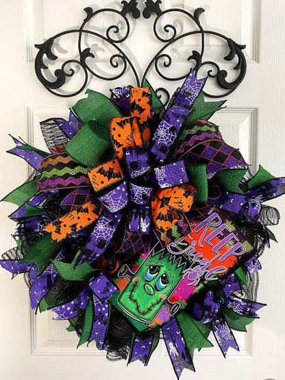 Cute Monster Halloween wreath for front door, Creep it Real Kid Friendly Halloween Wreath, Slim Wreath for behind Storm door