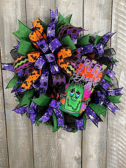 Cute Monster Halloween wreath for front door, Creep it Real Kid Friendly Halloween Wreath, Slim Wreath for behind Storm door