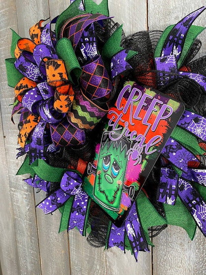 Cute Monster Halloween wreath for front door, Creep it Real Kid Friendly Halloween Wreath, Slim Wreath for behind Storm door