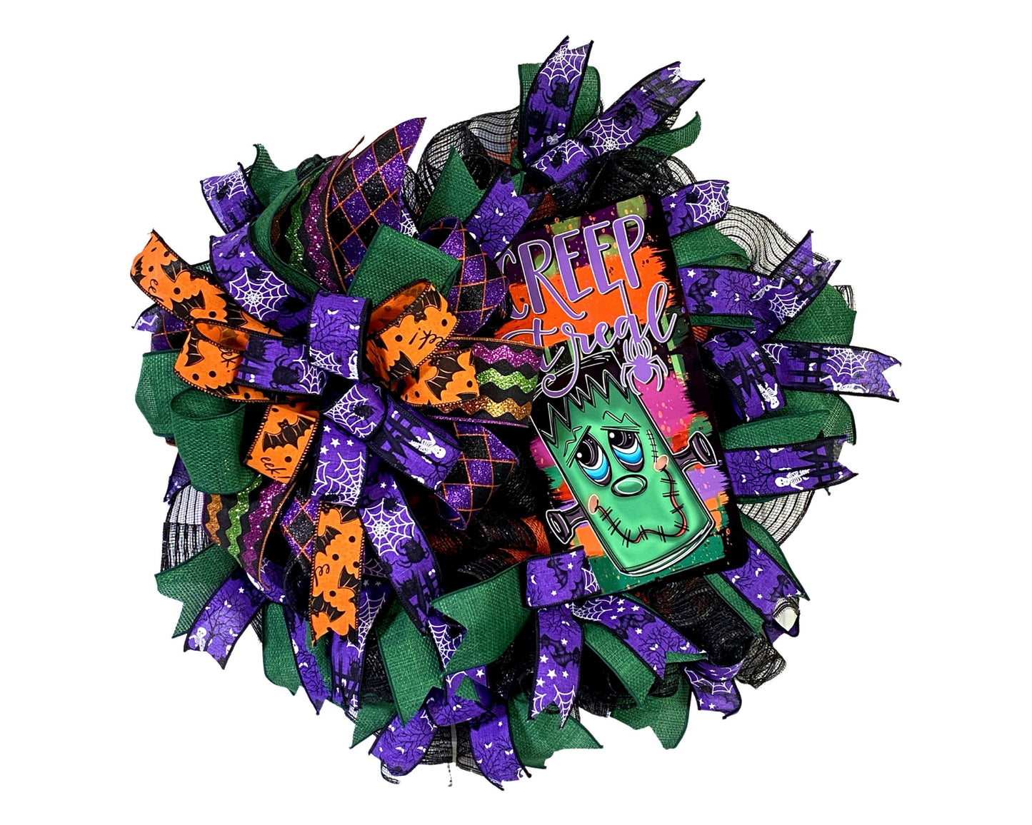 Cute Monster Halloween wreath for front door, Creep it Real Kid Friendly Halloween Wreath, Slim Wreath for behind Storm door