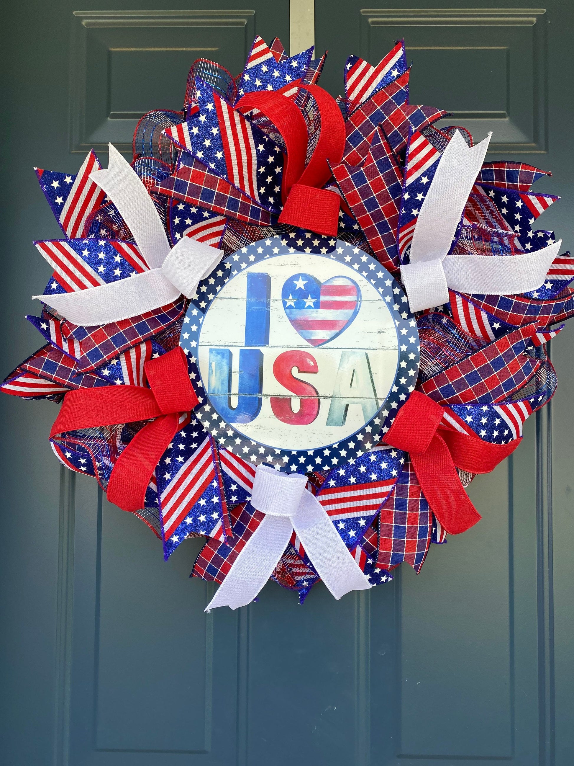 Patriotic Summer Welcome Wreath, Military Family Wreath, Americana Porch Decor, Veteran Gift, 4th of July Wreath