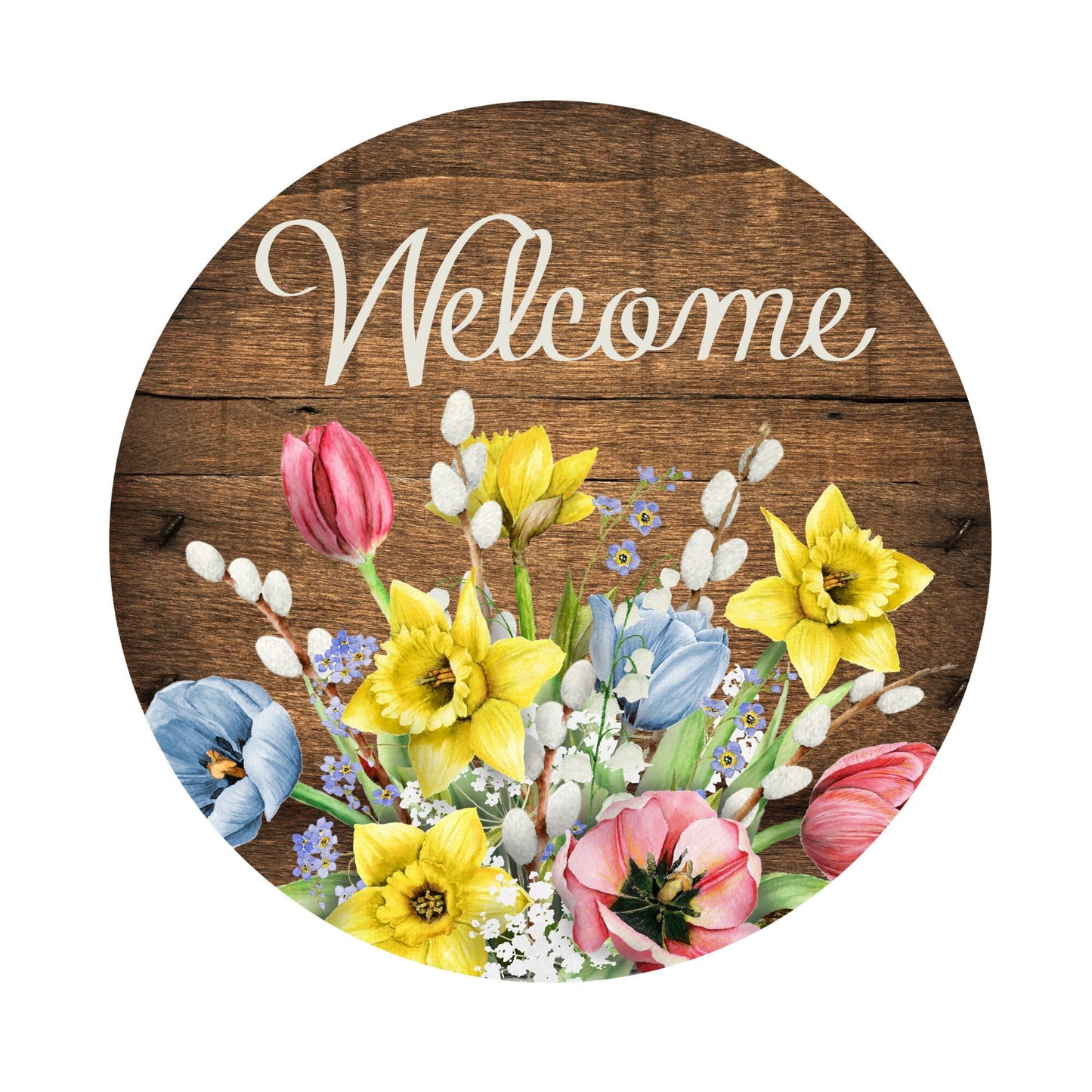 Welcome floral wreath sign, spring summer wreath attachment, spring flowers wood look welcome metal sign, signs for wreaths