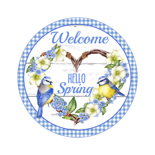 Hello Spring Welcome Heart Wreath with Blue Birds Sign, Spring Floral Wreath Attachment, Round wreath sign, signs for wreaths