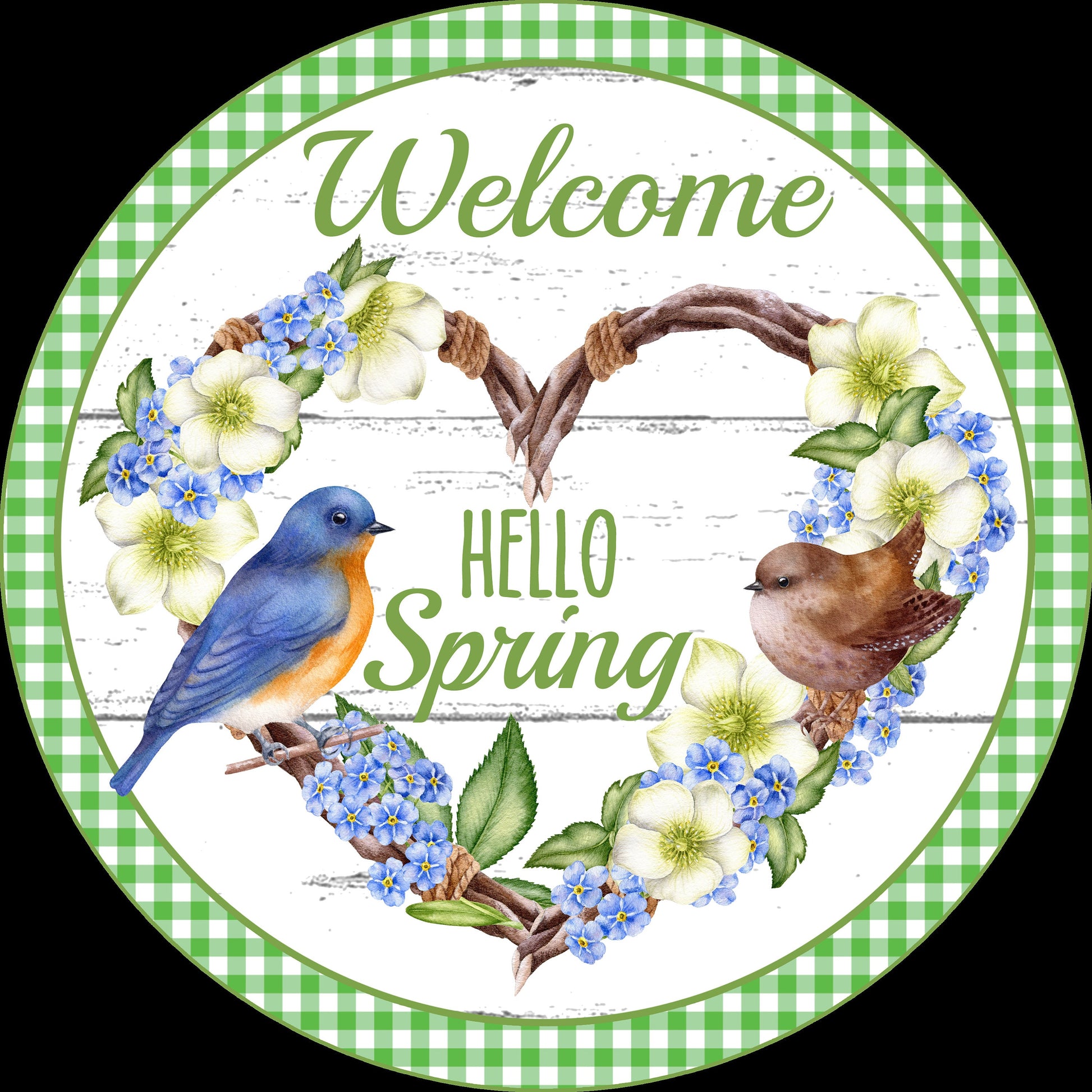 Hello Spring Welcome Heart Wreath with Blue Birds Sign, Spring Floral Wreath Attachment, Round wreath sign, signs for wreaths