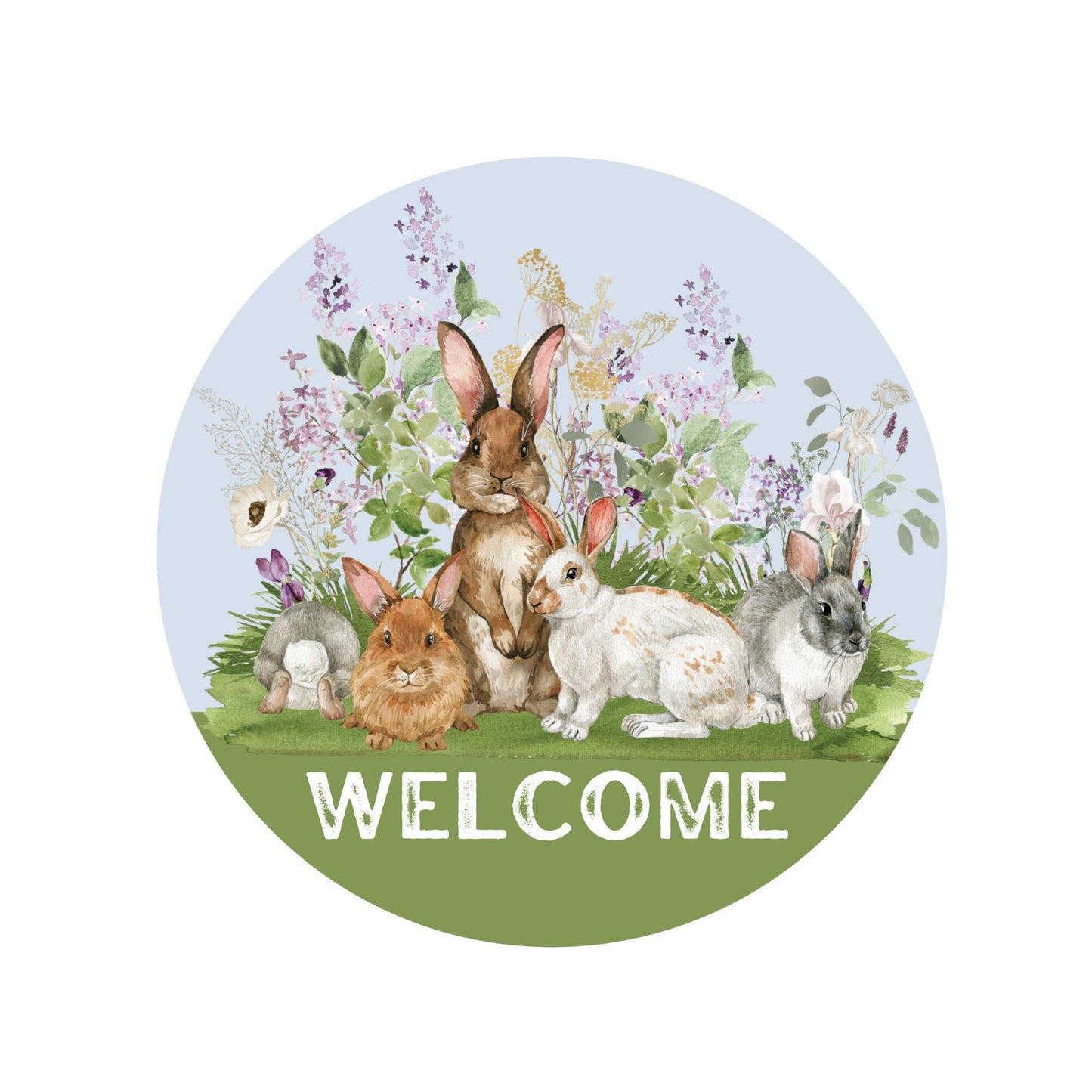 Spring Bunny Welcome Sign, Spring Floral Wreath Attachment, Easter Bunnies wildflower wall decor, Round wreath sign, signs for wreaths