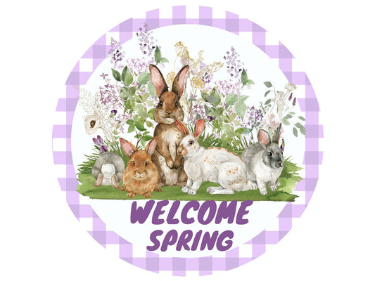 Spring Bunny Welcome Sign, Spring Floral Wreath Attachment, Easter Bunnies wildflower wall decor, Round wreath sign, signs for wreaths