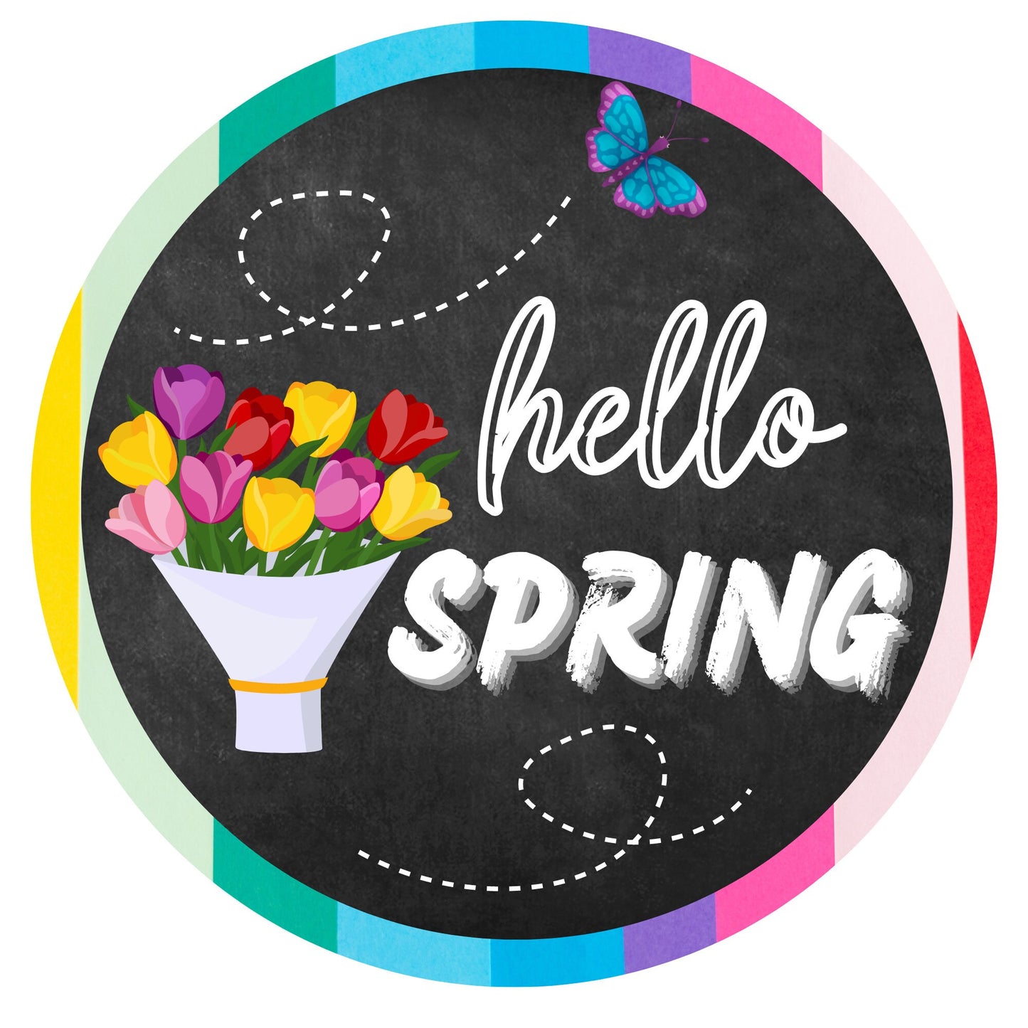 Hello Spring Tulip wreath sign, spring floral wreath attachment, spring flowers chalk board look welcome metal sign, signs for wreaths