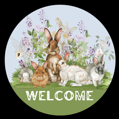 Spring Bunny Welcome Sign, Spring Floral Wreath Attachment, Easter Bunnies wildflower wall decor, Round wreath sign, signs for wreaths