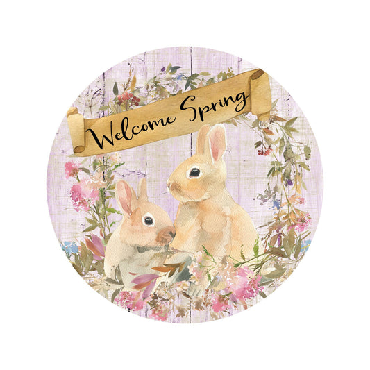 Welcome Spring Bunny Welcome Sign, Spring Floral Wreath Attachment, Easter Bunnies wildflower wall decor, Round wreath sign