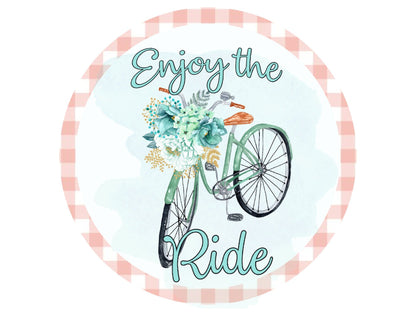 Enjoy the Ride Bicycle floral wreath sign, spring summer wreath attachment, Blue spring flowers welcome metal sign, signs for wreaths