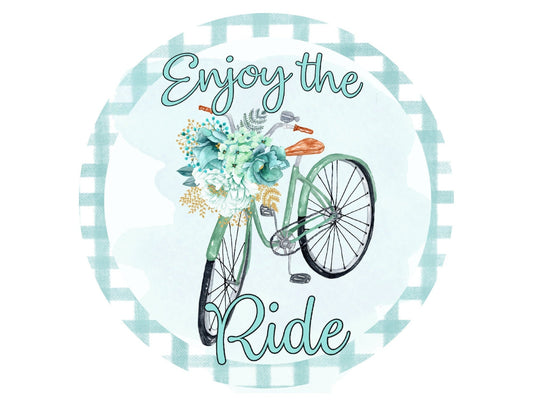 Enjoy the Ride Bicycle floral wreath sign, spring summer wreath attachment, Blue spring flowers welcome metal sign, signs for wreaths