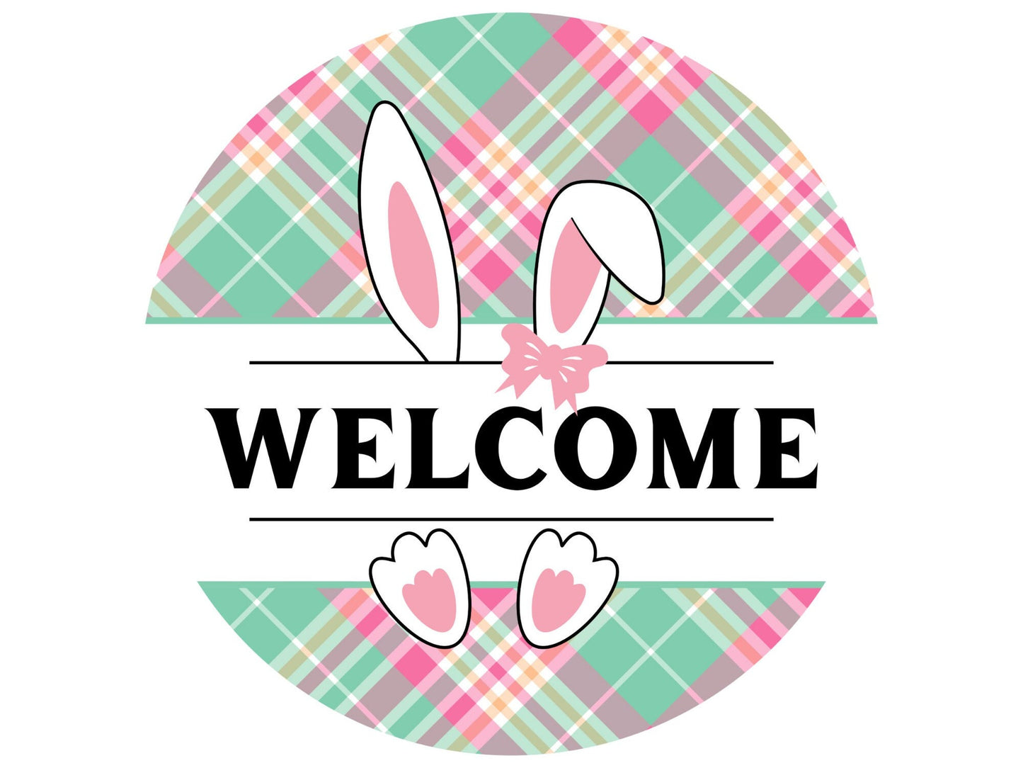 Spring Bunny Welcome Sign, Spring Plaid Wreath Attachment, Easter Bunny Wreath Sign, pink and Green Plaid Round wreath sign