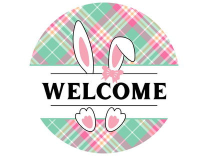 Spring Bunny Welcome Sign, Spring Plaid Wreath Attachment, Easter Bunny Wreath Sign, pink and Green Plaid Round wreath sign