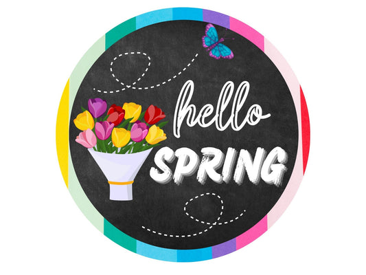 Hello Spring Tulip wreath sign, spring floral wreath attachment, spring flowers chalk board look welcome metal sign, signs for wreaths