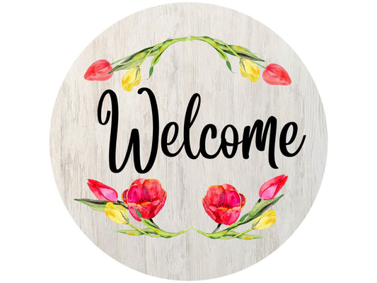 Welcome Tulip wreath sign, spring floral wreath attachment, Pink Tulips Hello wood look metal sign, signs for wreaths