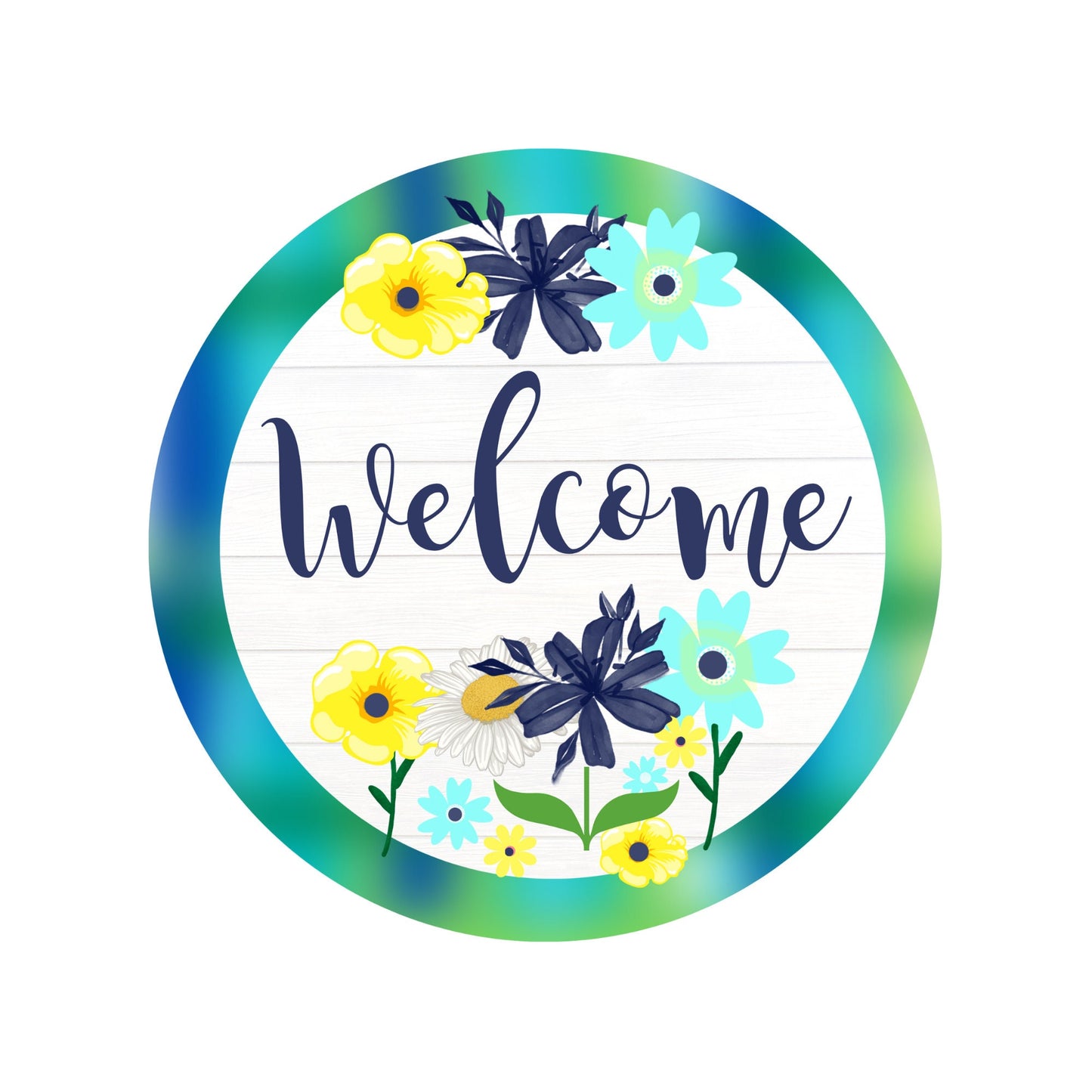 Welcome Floral wreath sign, spring floral wreath attachment, aqua yellow navy wood look metal sign, signs for wreaths, sam's ribbon match