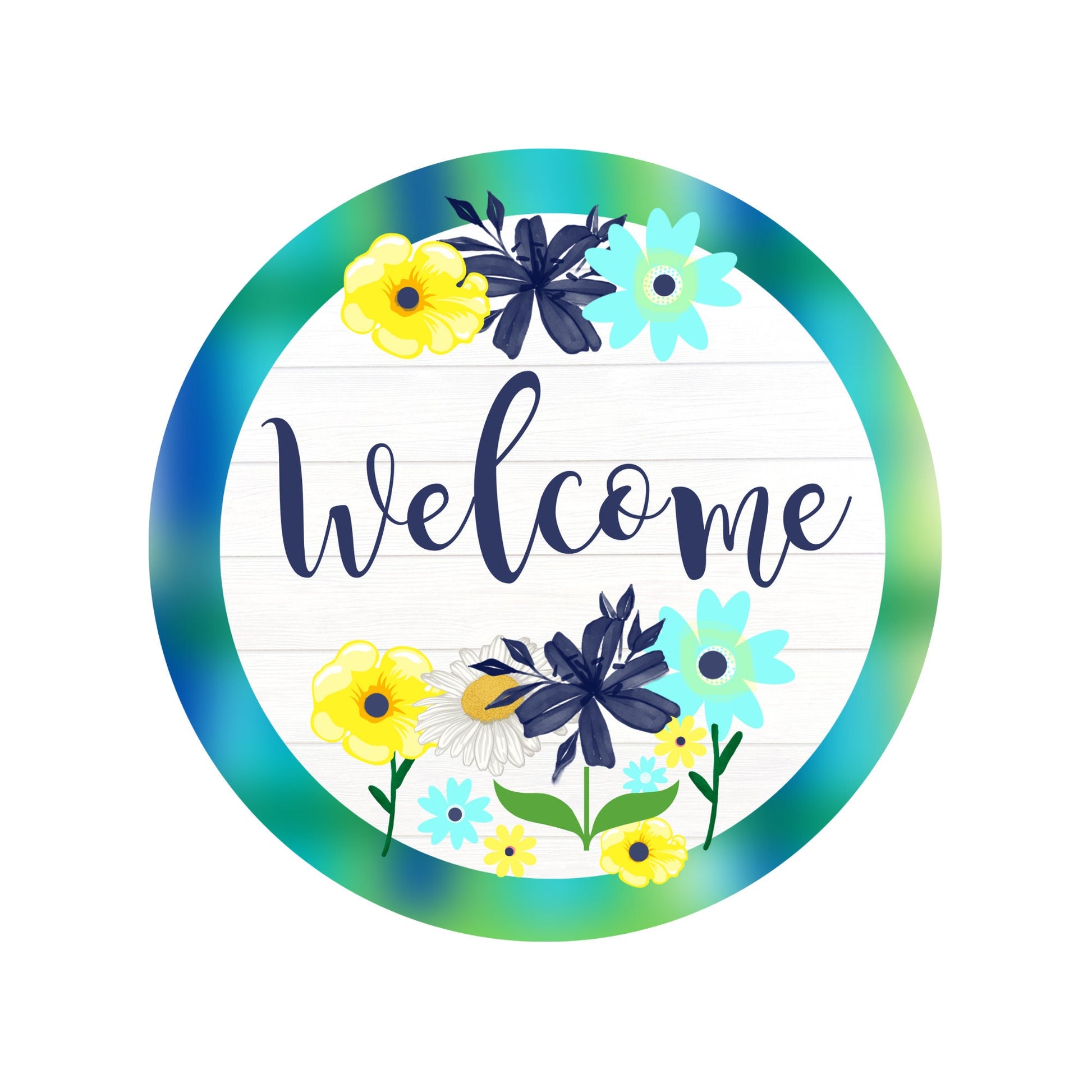 Welcome Floral wreath sign, spring floral wreath attachment, aqua yellow navy wood look metal sign, signs for wreaths, sam's ribbon match