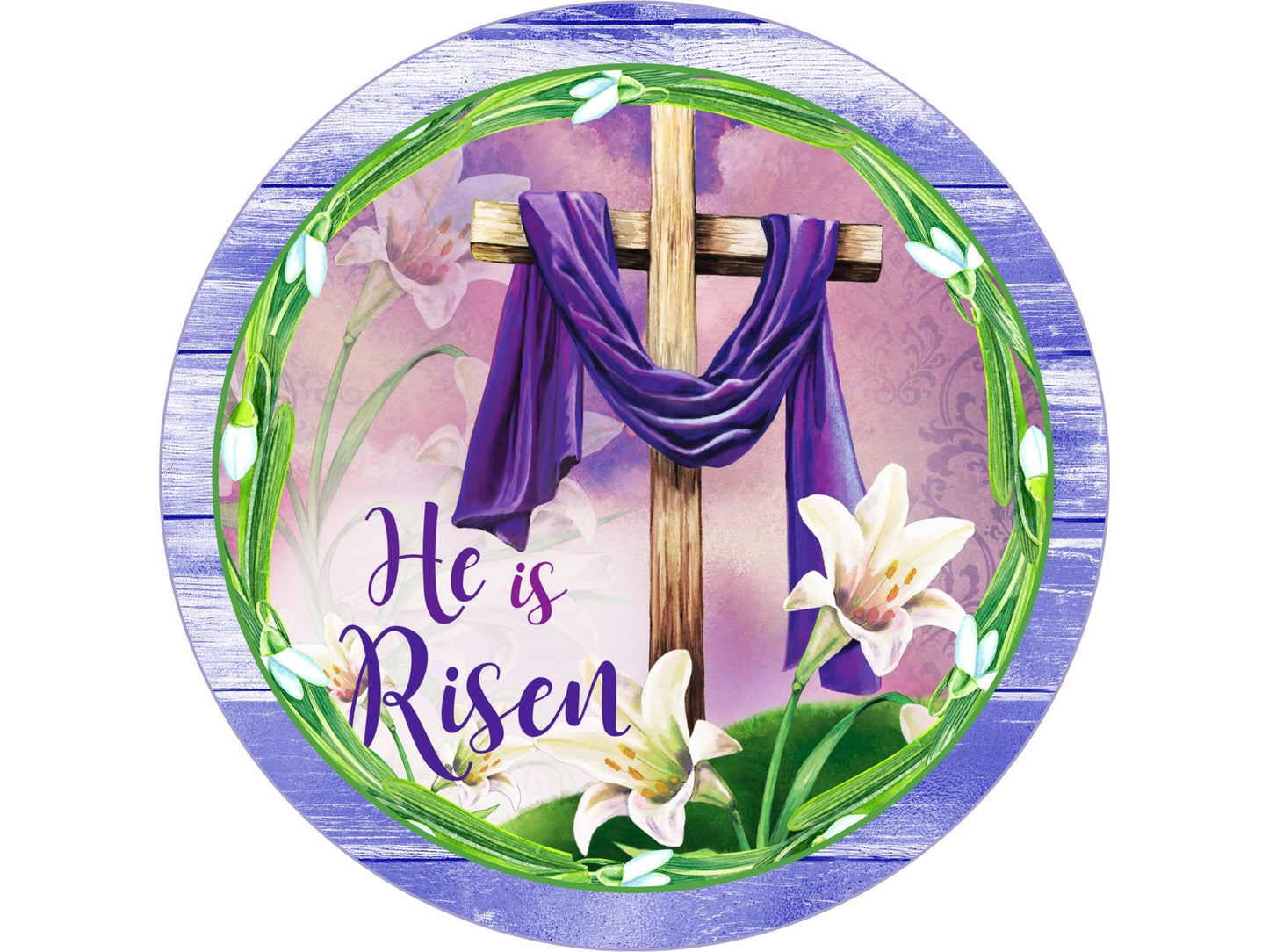 Religious Easter Wreath Sign, He is Risen wreath attachment, Easter cross with purple sash and easter lilies religious wreath sign