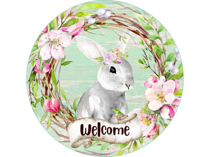 Spring Bunny Welcome Sign, Spring Floral Wreath Attachment, Easter Bunnies wildflowers wall decor, Round wreath sign, signs for wreaths