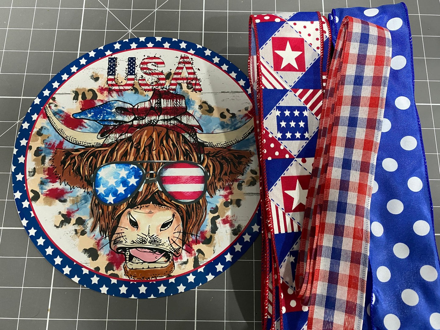 Patriotic Highland Cow Welcome Sign and Ribbon Kit, 4th of July sign & ribbon kit, Wreath sign with matching ribbon, craft kit for wreath