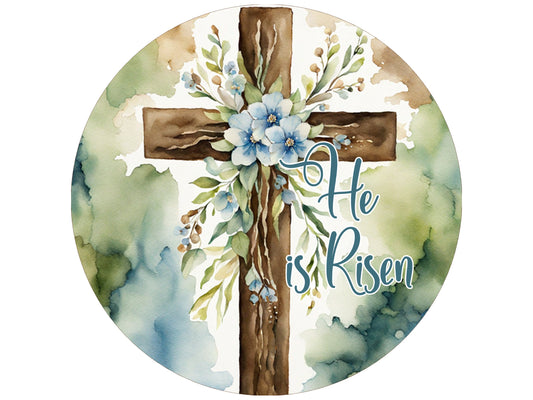 He is Risen wood floral cross wreath sign, floral religious wooden cross decor, Christian Easter sign, Jesus Has Risen Farmhouse rustic sign