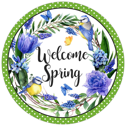 Blue Birds Floral Welcome Spring Wreath Sign, blue and green wreath attachment, Gift for bird and flower lover