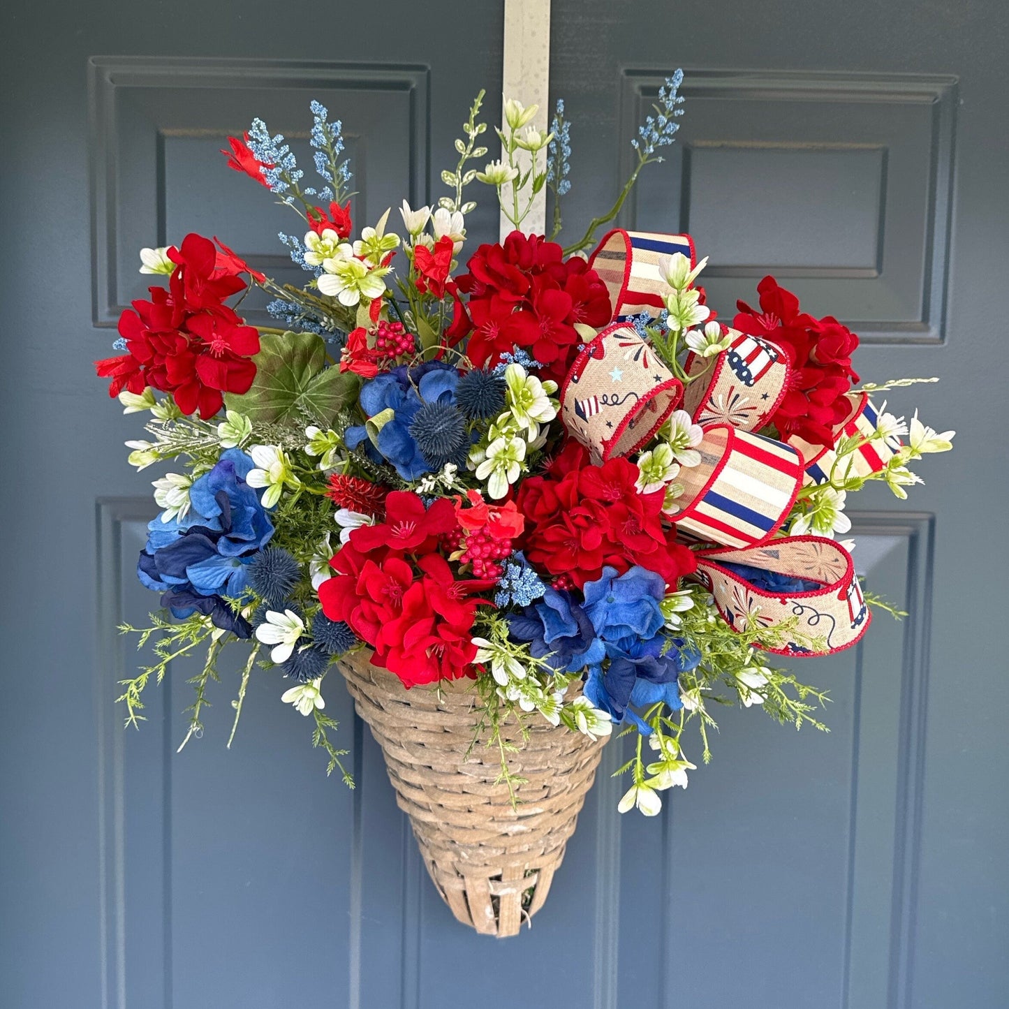 Patriotic Hanging Basket, 4th of July Wall Arrangement, Red White Blue Door Decor, wreaths for front door, Farmhouse patriotic basket