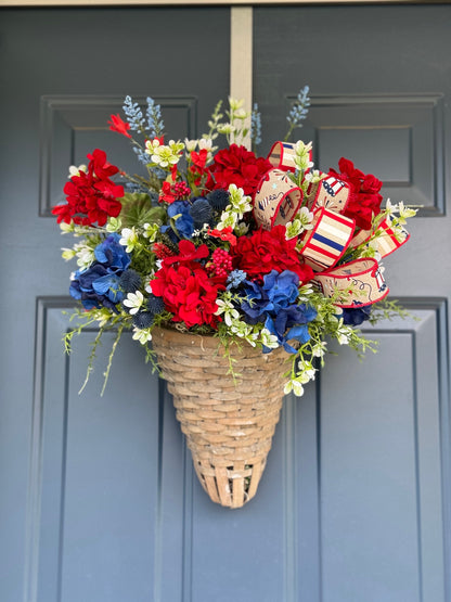 Patriotic Hanging Basket, 4th of July Wall Arrangement, Red White Blue Door Decor, wreaths for front door, Farmhouse patriotic basket
