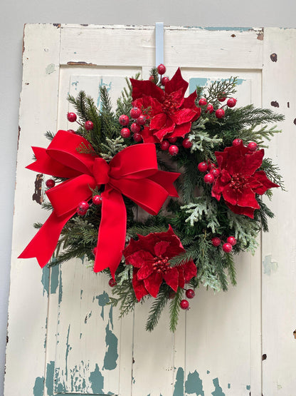 Red Poinsettia Christmas Wreath for Front Door, Elegant Red and Green Holiday Wreath