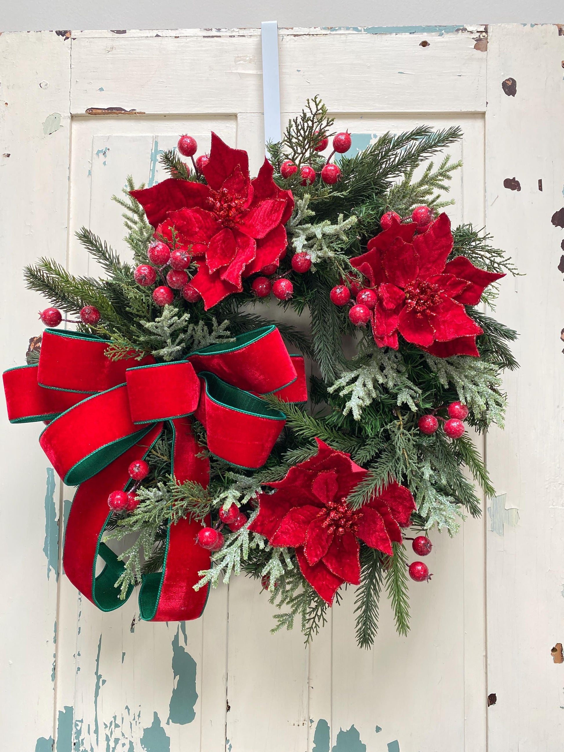 Red Poinsettia Christmas Wreath for Front Door, Elegant Red and Green Holiday Wreath