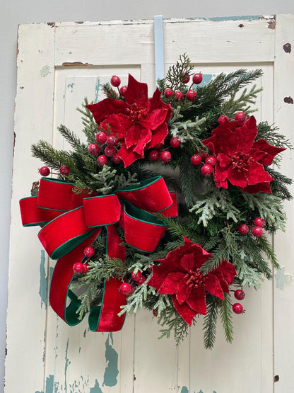 Red Poinsettia Christmas Wreath for Front Door, Elegant Red and Green Holiday Wreath