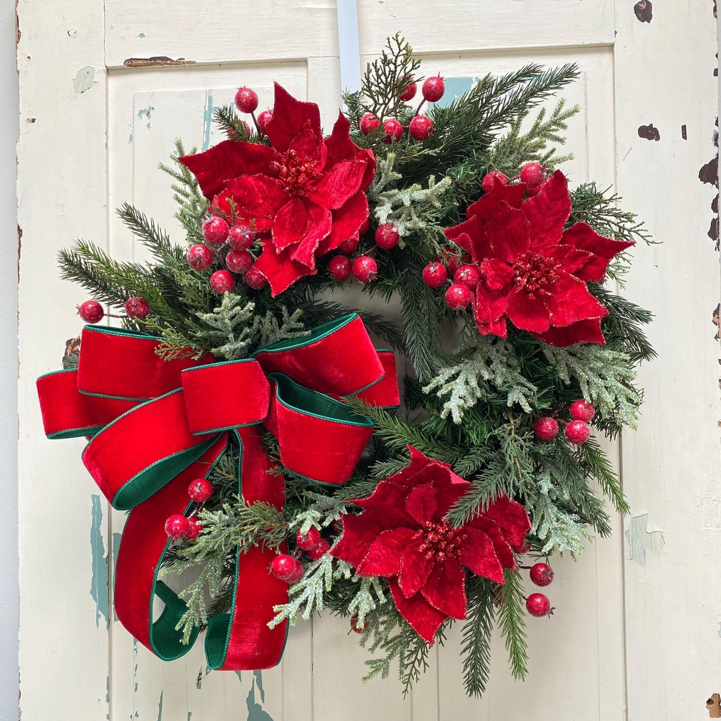 Red Poinsettia Christmas Wreath for Front Door, Elegant Red and Green Holiday Wreath