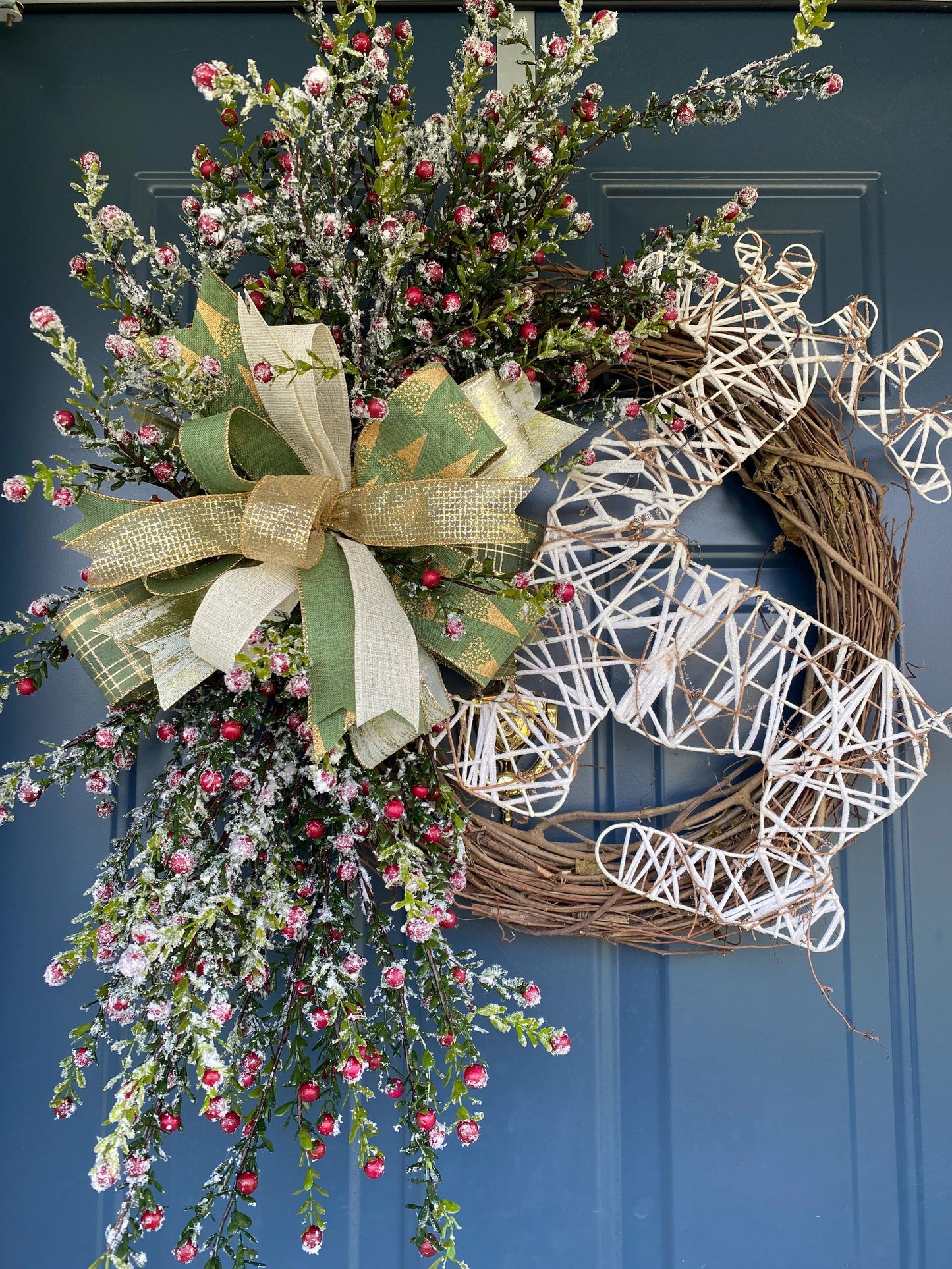 Rustic Winter Berry Wreath with Primitive Deer, Handcrafted Grapevine and Frosted Greenery Holiday Wreath