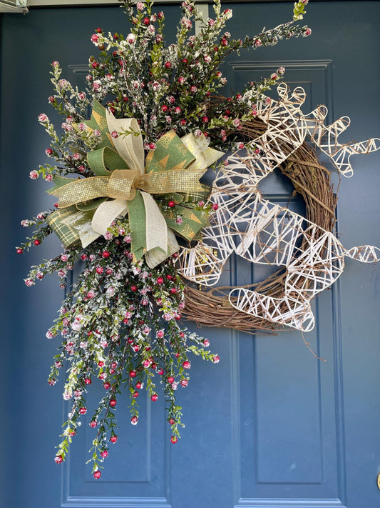 Rustic Winter Berry Wreath with Primitive Deer, Handcrafted Grapevine and Frosted Greenery Holiday Wreath