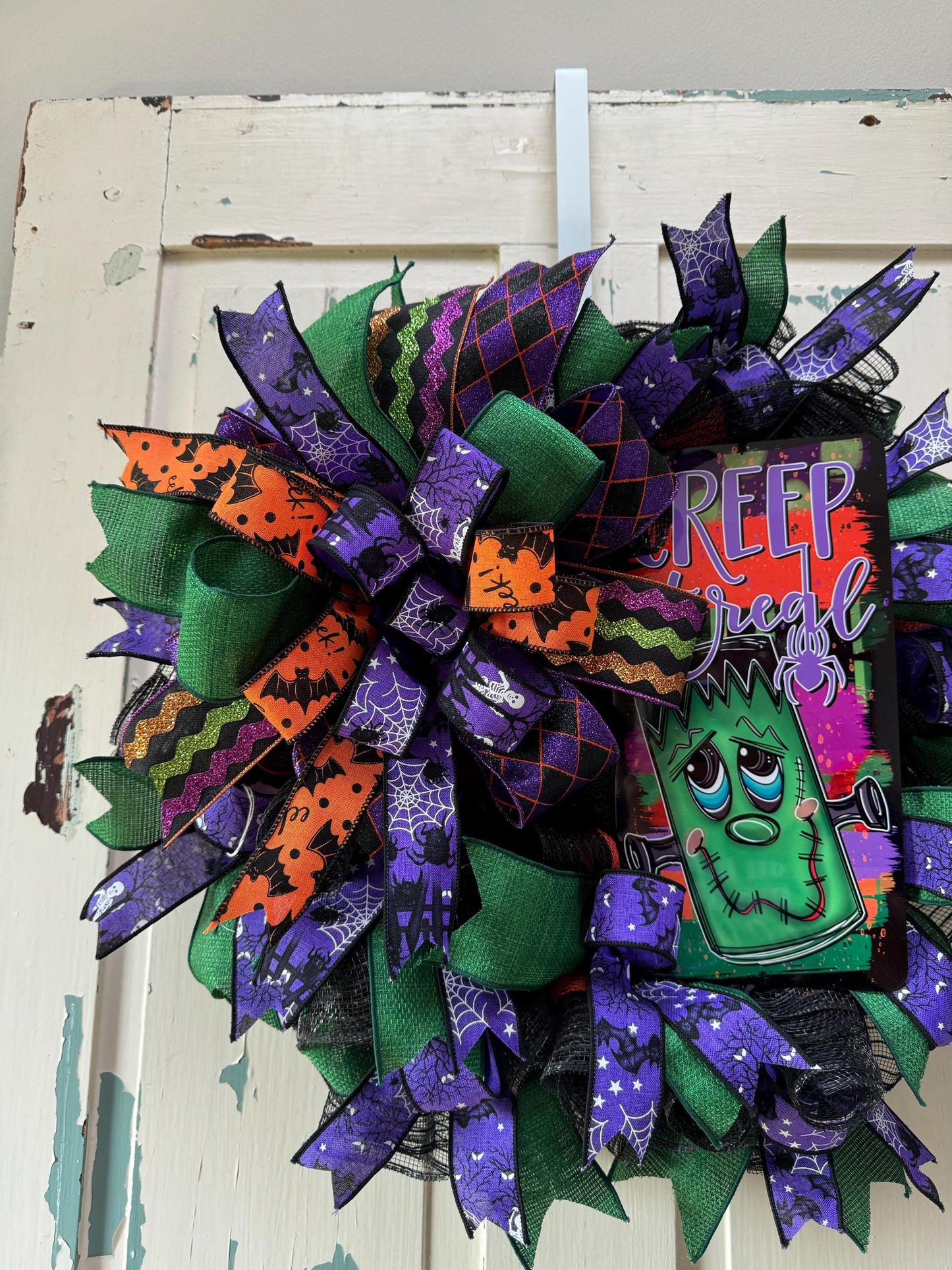 Cute Monster Halloween wreath for front door, Creep it Real Kid Friendly Halloween Wreath, Slim Wreath for behind Storm door