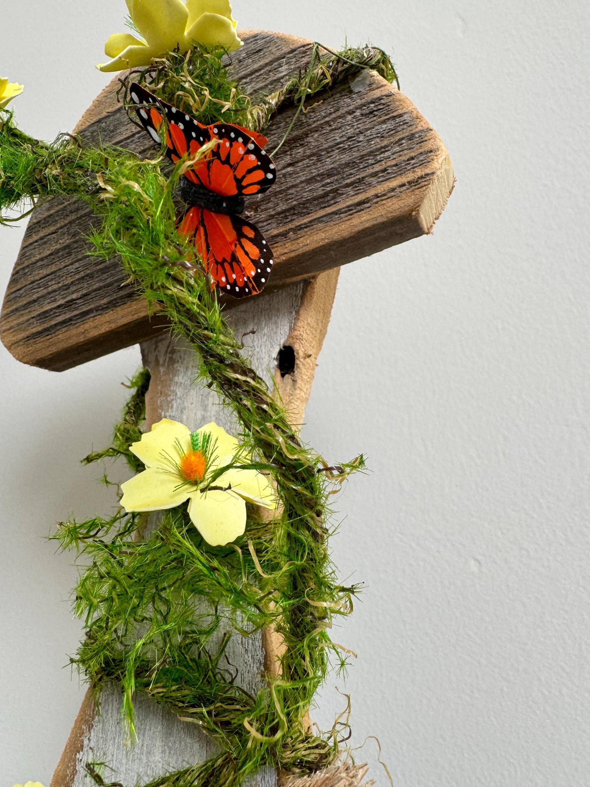 Wood Mushroom with Florals and Bunny. Mantel arrangement for Spring, Rustic Wood Mushroom Shelf Sitter