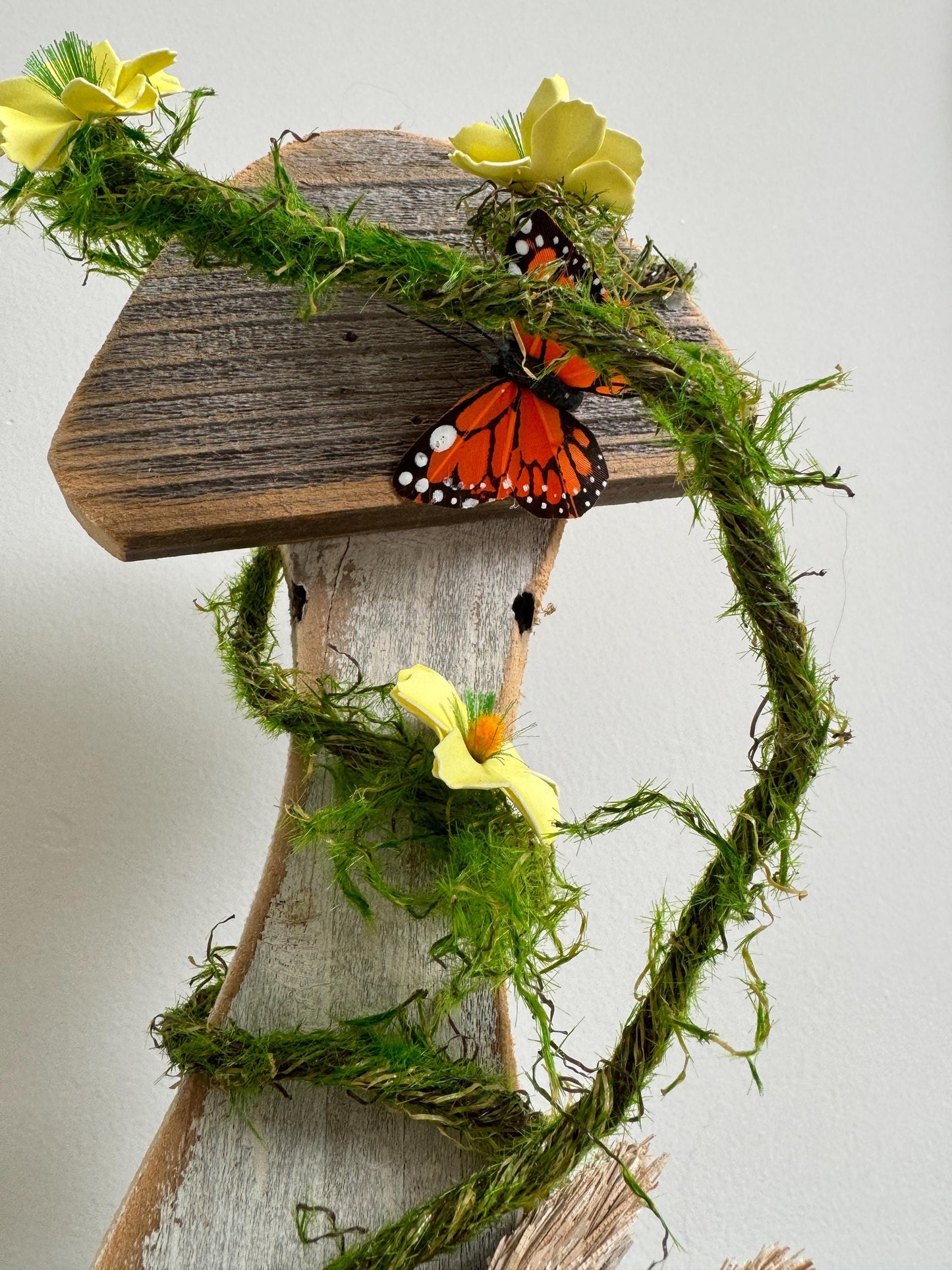 Wood Mushroom with Florals and Bunny. Mantel arrangement for Spring, Rustic Wood Mushroom Shelf Sitter