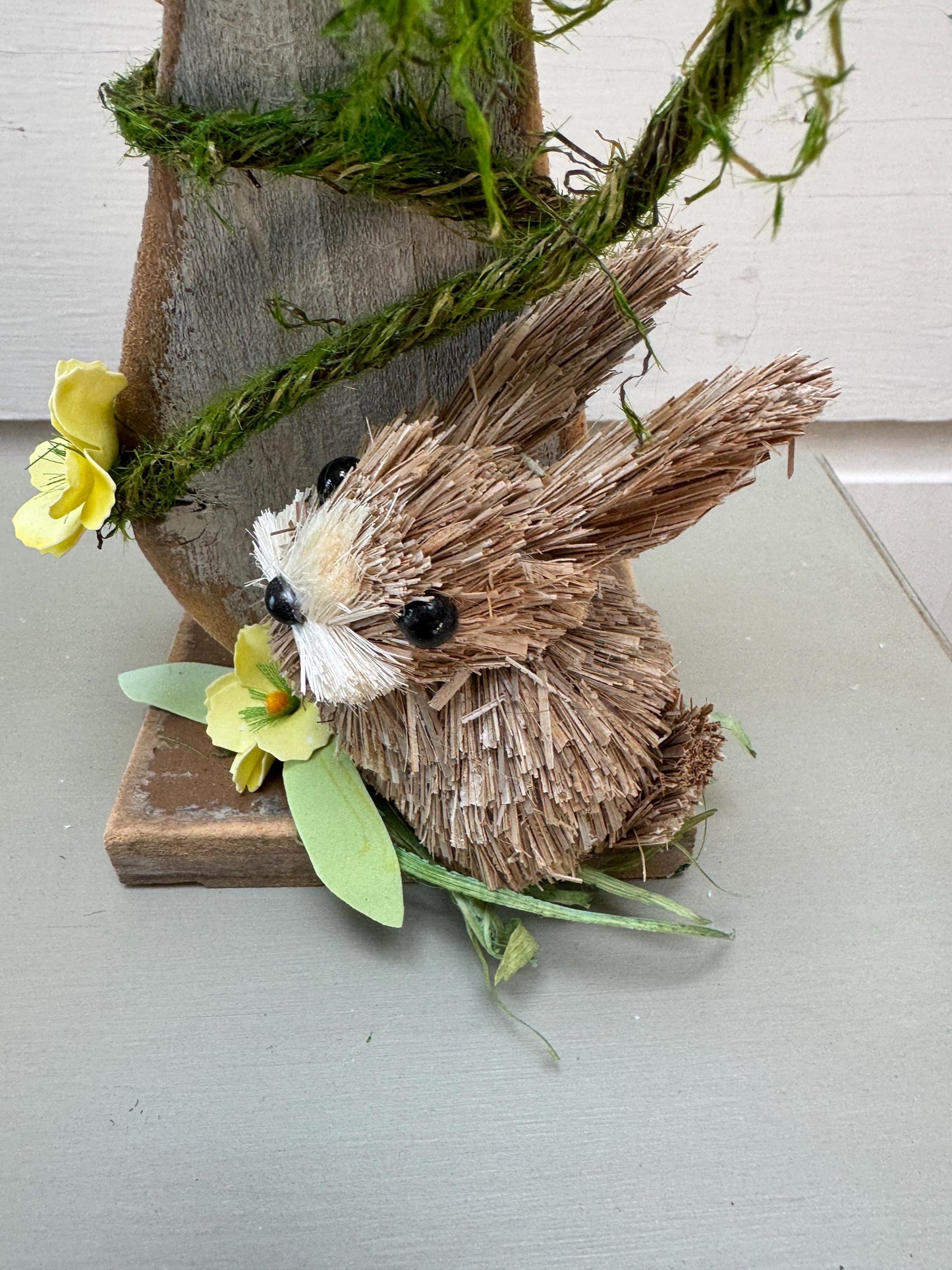 Wood Mushroom with Florals and Bunny. Mantel arrangement for Spring, Rustic Wood Mushroom Shelf Sitter