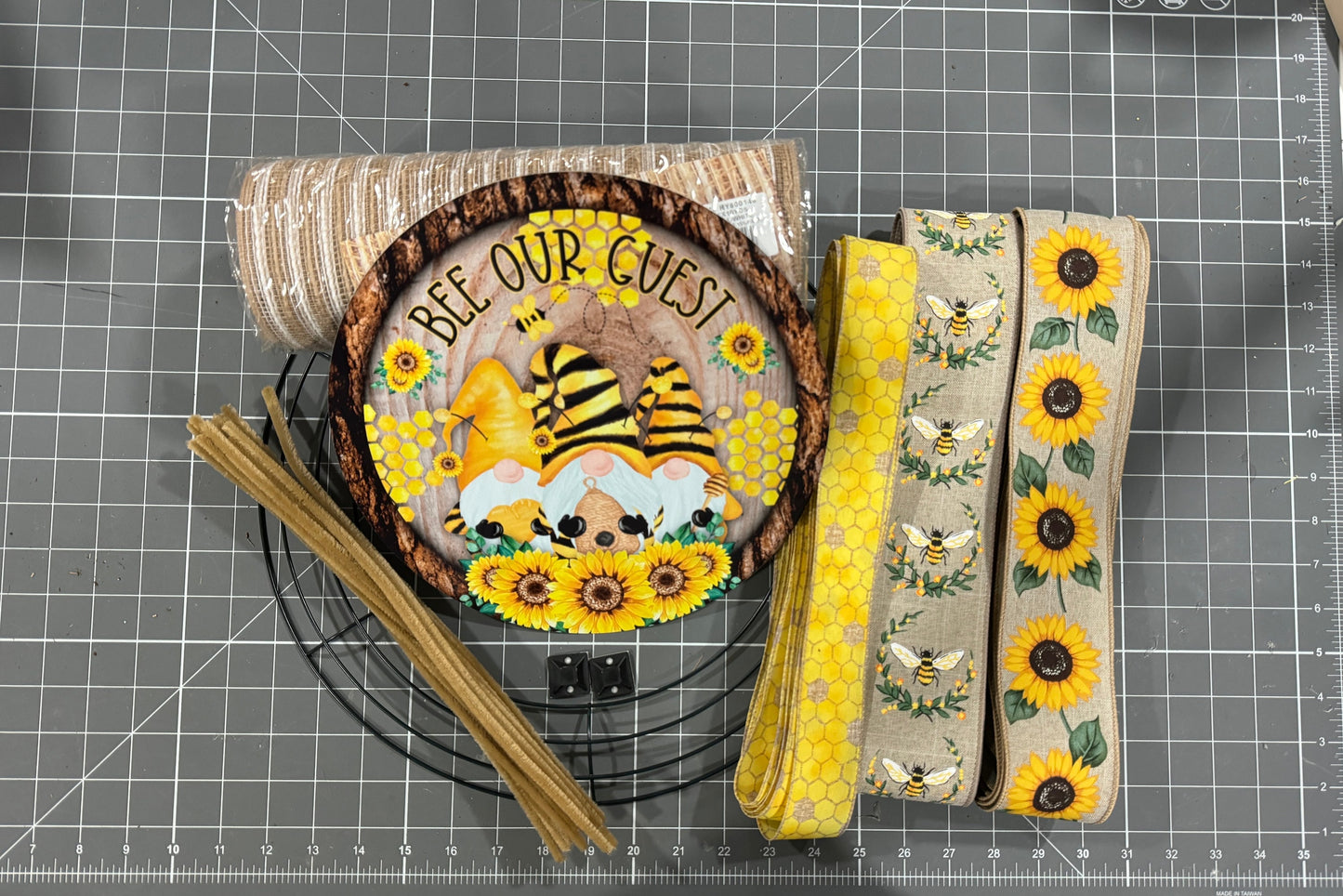 Gnome Bee Sunflower welcome wreath kit, deco mesh DIY wreath kit, sign & ribbon kit, make your own wreath, Bee lover craft supplies