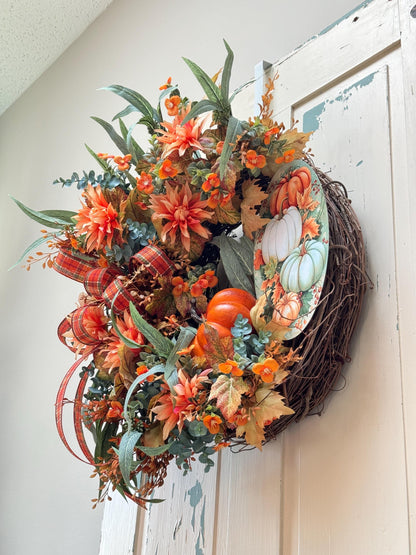 Welcome Fall Pumpkin Wreath for Front Door, Autumn Pumpkin Welcome Grapevine Decoration