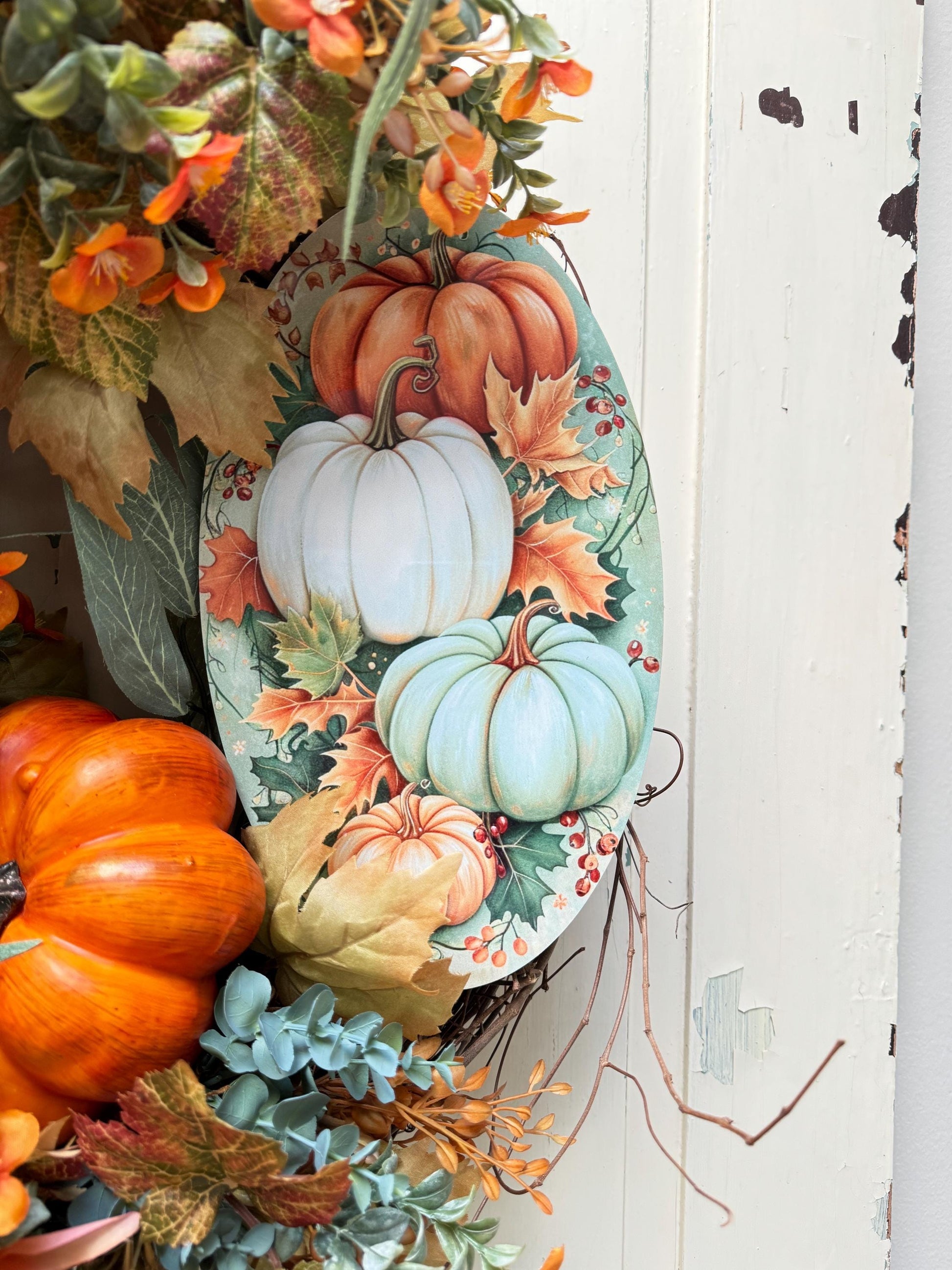 Welcome Fall Pumpkin Wreath for Front Door, Autumn Pumpkin Welcome Grapevine Decoration