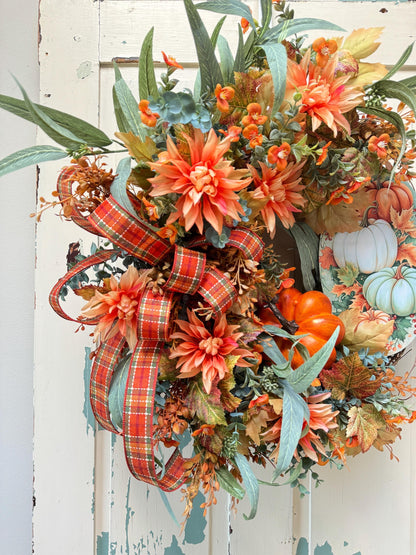 Welcome Fall Pumpkin Wreath for Front Door, Autumn Pumpkin Welcome Grapevine Decoration