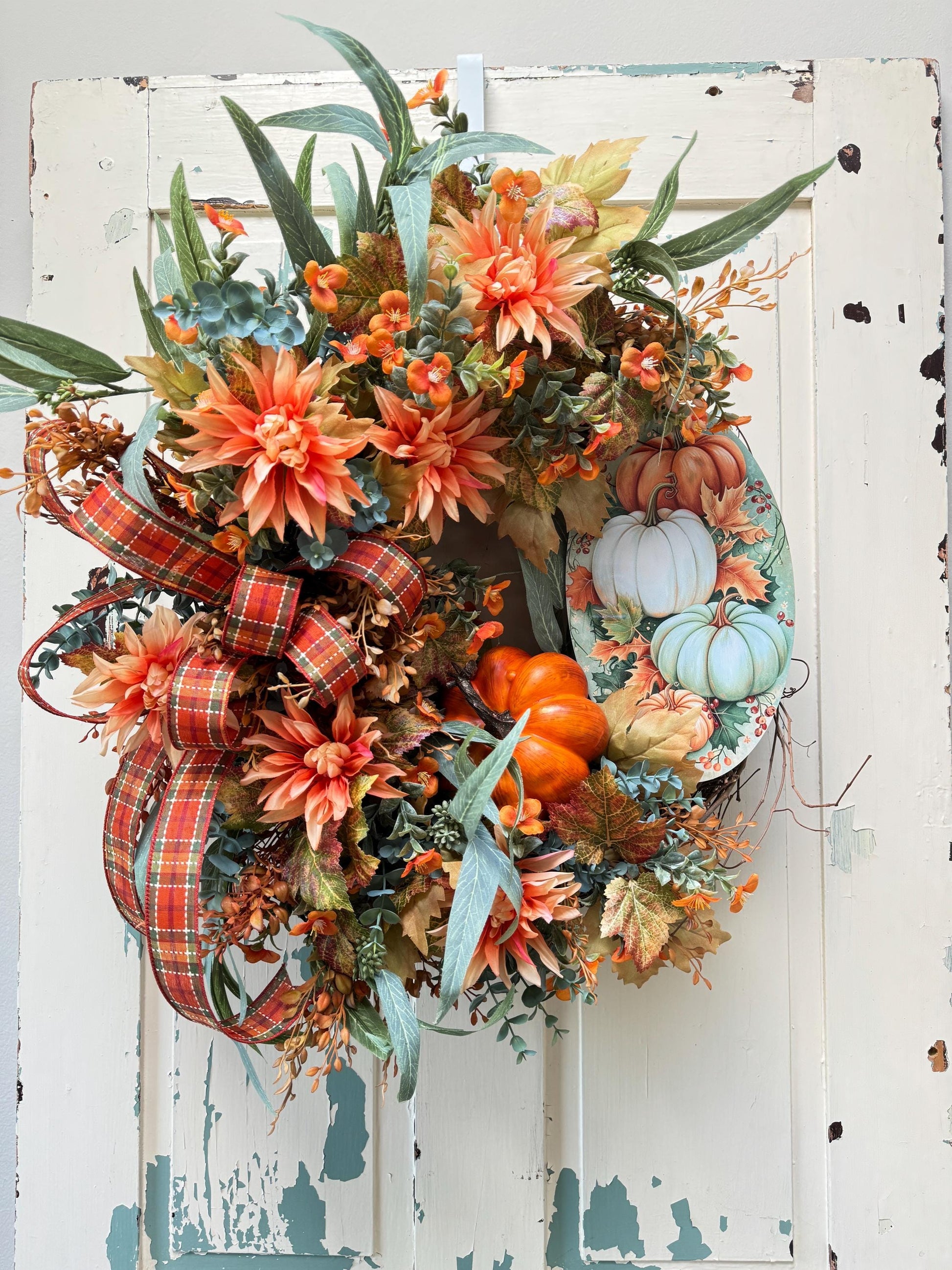 Welcome Fall Pumpkin Wreath for Front Door, Autumn Pumpkin Welcome Grapevine Decoration