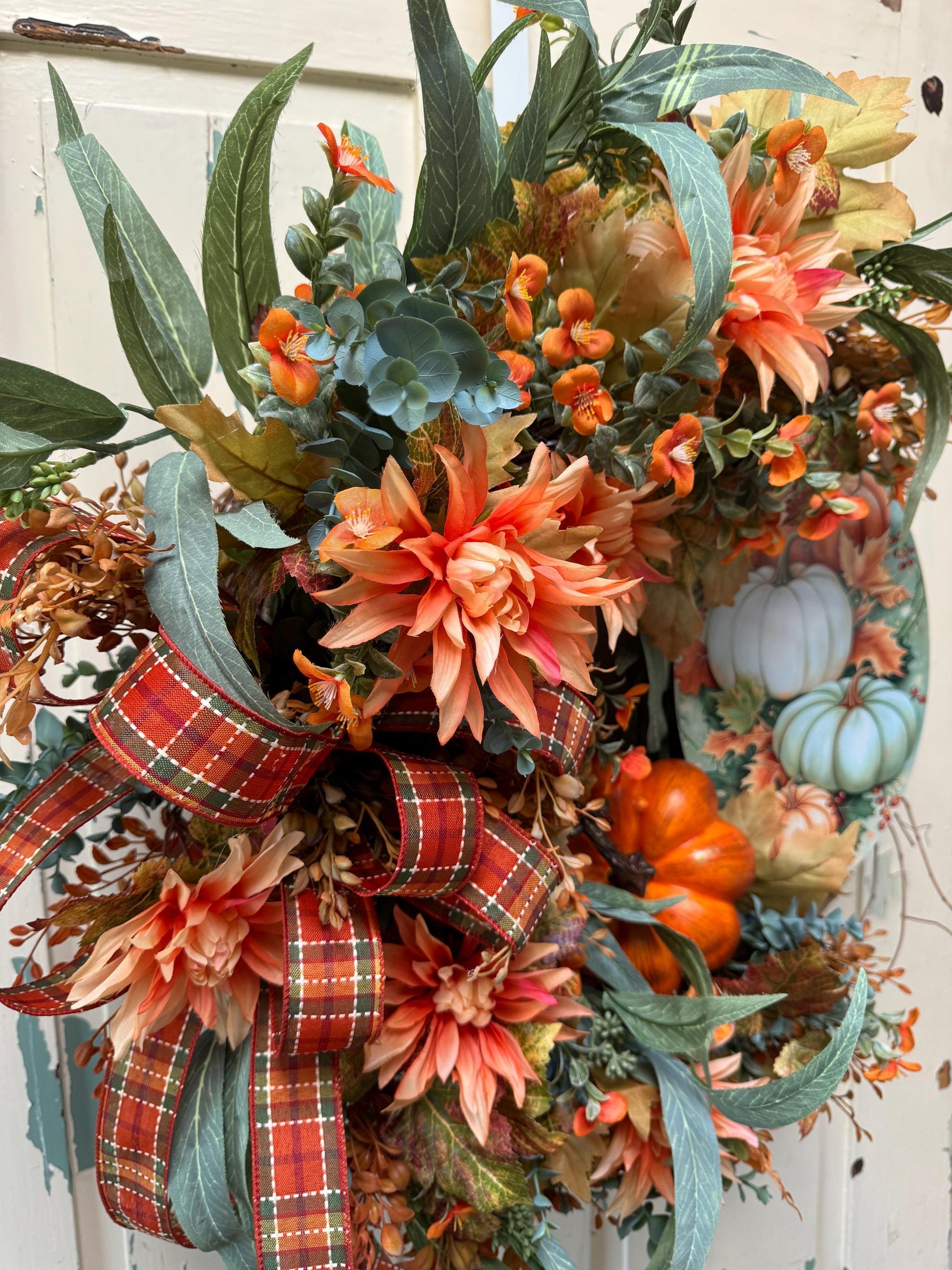 Welcome Fall Pumpkin Wreath for Front Door, Autumn Pumpkin Welcome Grapevine Decoration