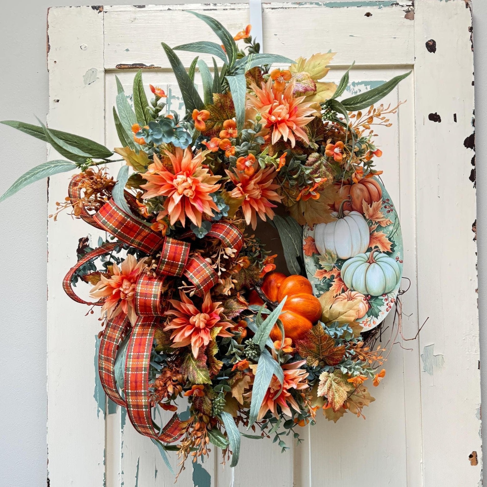 Welcome Fall Pumpkin Wreath for Front Door, Autumn Pumpkin Welcome Grapevine Decoration