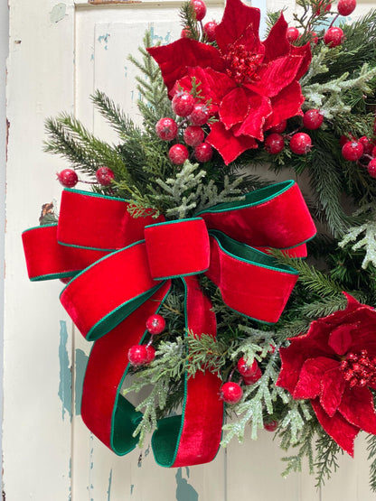 Red Poinsettia Christmas Wreath for Front Door, Elegant Red and Green Holiday Wreath