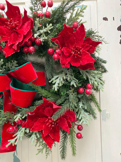 Red Poinsettia Christmas Wreath for Front Door, Elegant Red and Green Holiday Wreath