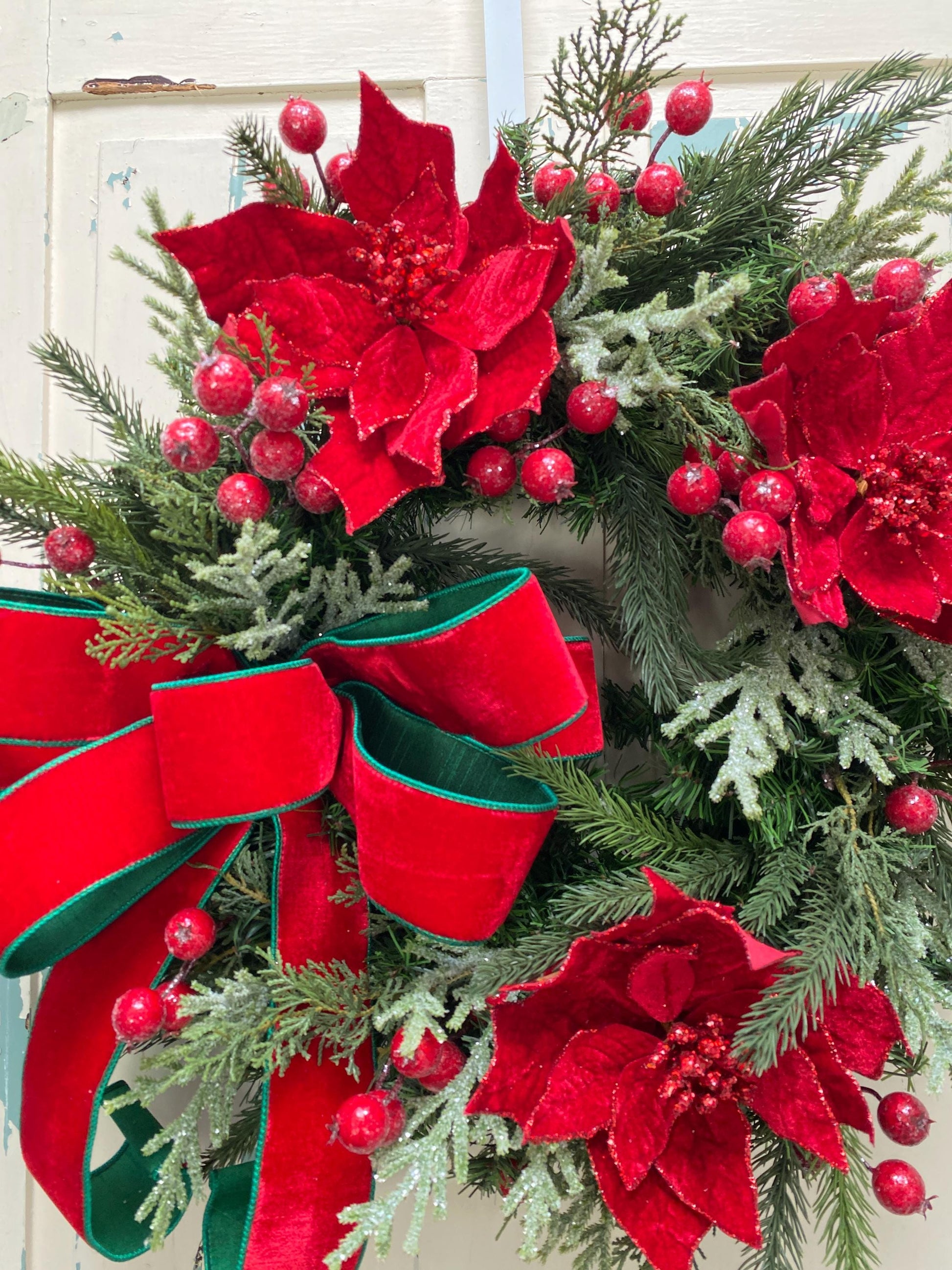 Red Poinsettia Christmas Wreath for Front Door, Elegant Red and Green Holiday Wreath