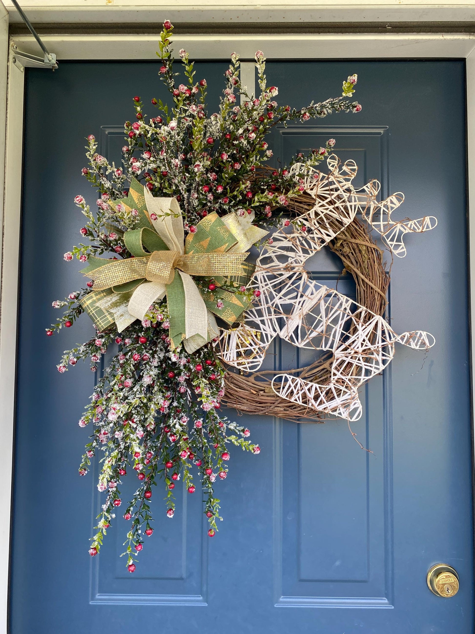 Rustic Winter Berry Wreath with Primitive Deer, Handcrafted Grapevine and Frosted Greenery Holiday Wreath