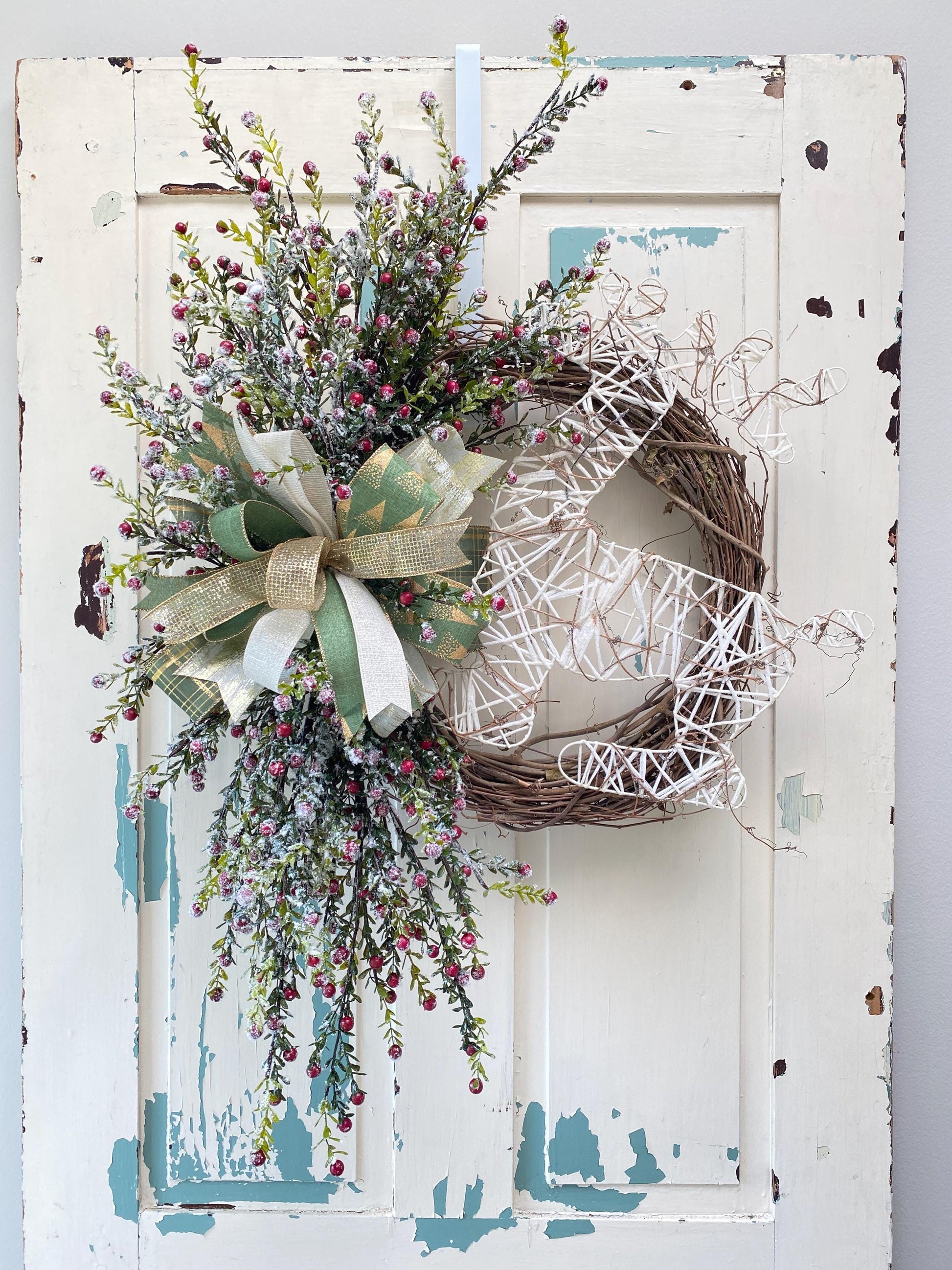 Rustic Winter Berry Wreath with Primitive Deer, Handcrafted Grapevine and Frosted Greenery Holiday Wreath